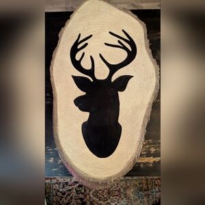Rustic Wood Slice with Black Deer Silhouette